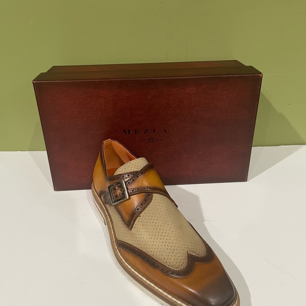 Mezlan shoes wing tip monk strap leather calf camel/bone 8 - Picture 6 of 6